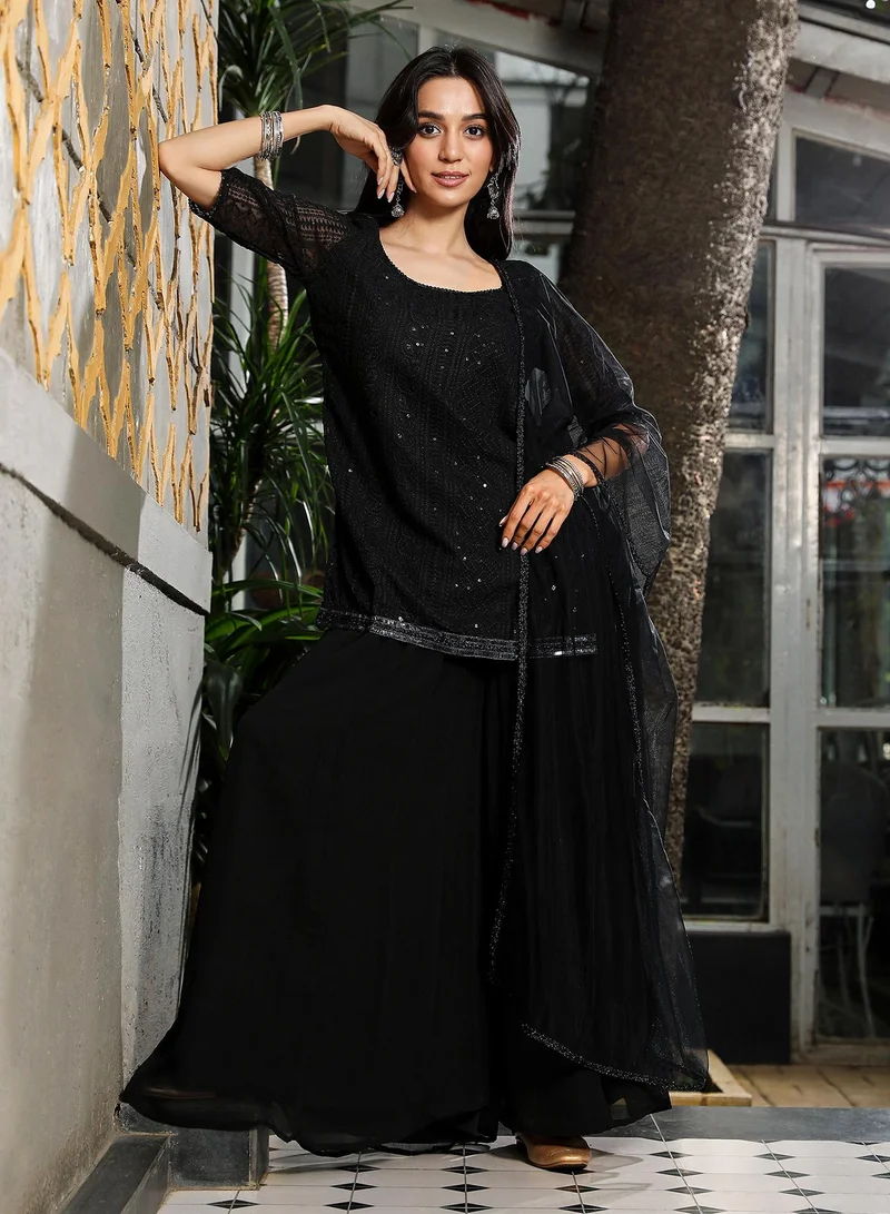 QISSA Women's Midnight Black Solid Schiffli Kurti With Palazzo & Dupatta