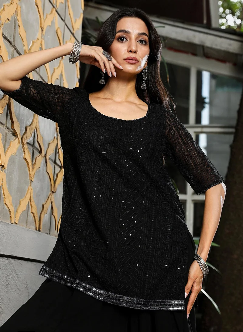 QISSA Women's Midnight Black Solid Schiffli Kurti With Palazzo & Dupatta