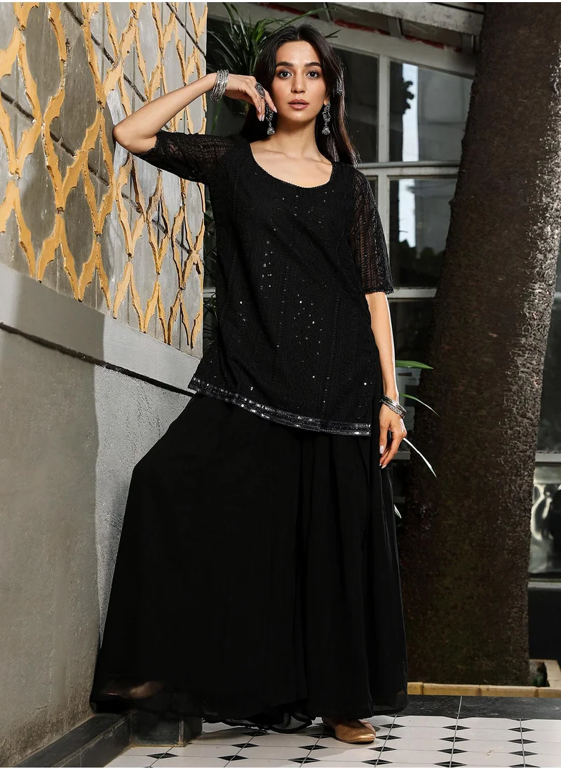  قصة Women's Midnight Black Solid Schiffli Kurti With Palazzo & Dupatta