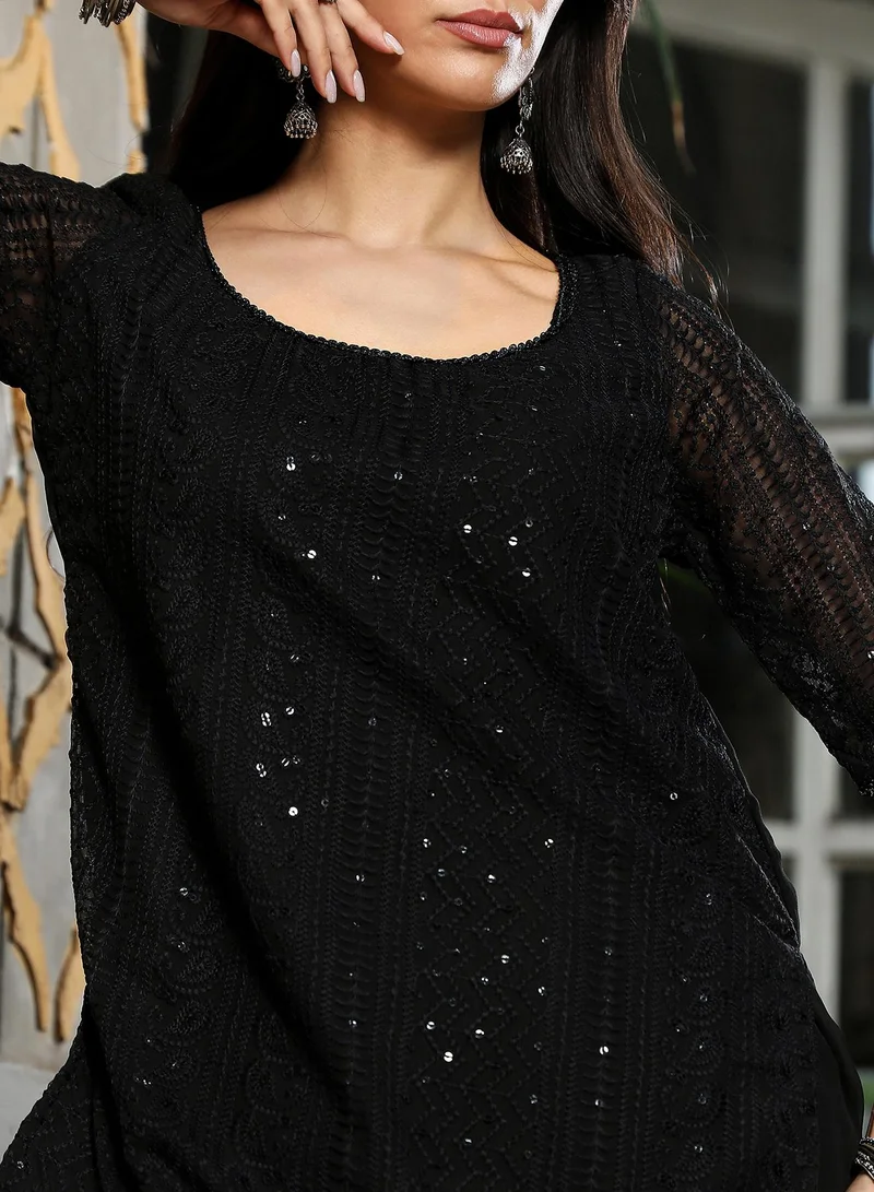 QISSA Women's Midnight Black Solid Schiffli Kurti With Palazzo & Dupatta