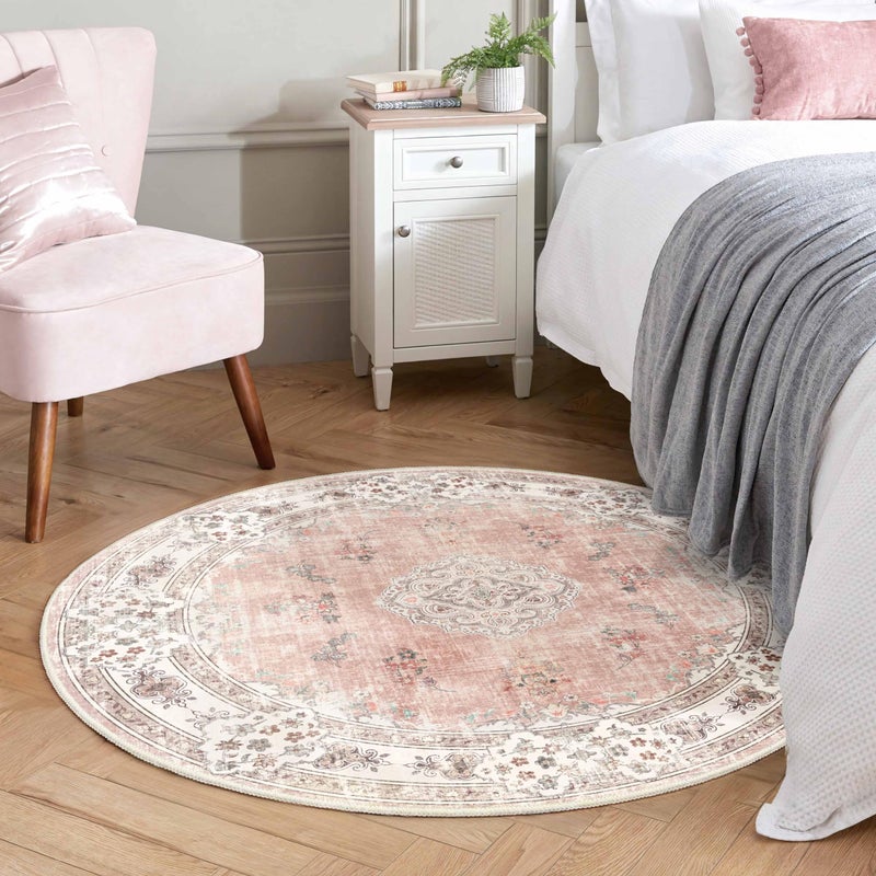 MUJOO Pink Round Rug 4ft,Circle Washable Area Rugs for Bedroom Living Room Bathroom,Boho Small Non Slip Circular Carpet,Blush Floral - Image 3