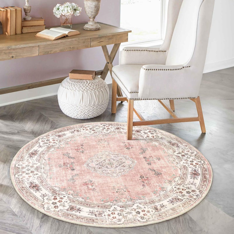 MUJOO Pink Round Rug 4ft,Circle Washable Area Rugs for Bedroom Living Room Bathroom,Boho Small Non Slip Circular Carpet,Blush Floral - Image 2