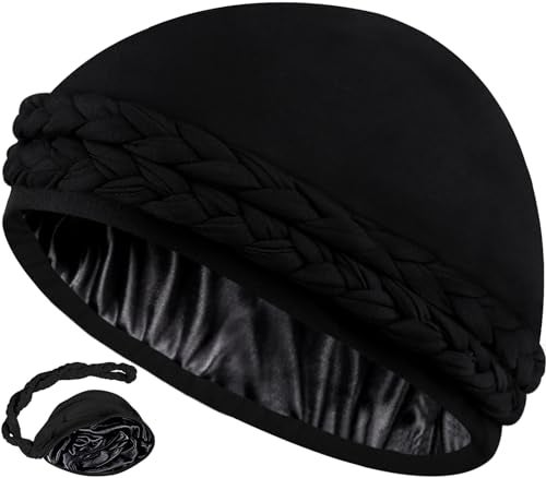 Ababalaya Silky Satin Lined Turban for Women Mens Halo Turban PRE-Tied Beanie Hats Silky Lined Durag for Waves Sleeping Bonnet Sleep Cap, Black - Image 1