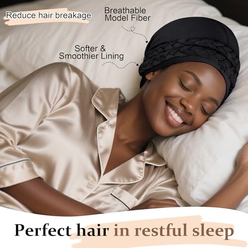 Ababalaya Silky Satin Lined Turban for Women Mens Halo Turban PRE-Tied Beanie Hats Silky Lined Durag for Waves Sleeping Bonnet Sleep Cap, Black - Image 5