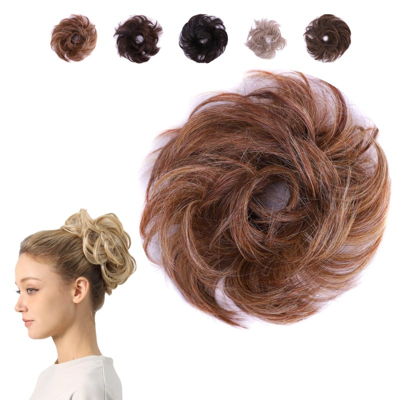 JUVABUN Small Messy Bun Hair Piece Reddish Blonde Curled Hair Bun Scrunchie Hair Pieces for Women Everyday Wear Washable Realistic Hair Buns Hair Piece Synthetic Hair Bun Scrunchie Reddish
