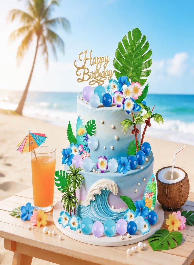 Zaycca 45Pcs Hawaiian Pink Blue Cake Topper – Tropical Birthday Decoration Set with Palm Tree Toppers, Surfboards, Flower Picks, and "Happy Birthday" Acrylic Sign – Perfect for Luau and Beach Party Cakes - Image 2