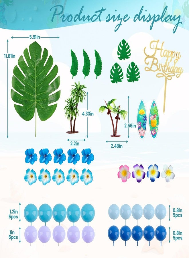 Zaycca 45Pcs Hawaiian Pink Blue Cake Topper – Tropical Birthday Decoration Set with Palm Tree Toppers, Surfboards, Flower Picks, and "Happy Birthday" Acrylic Sign – Perfect for Luau and Beach Party Cakes - Image 3
