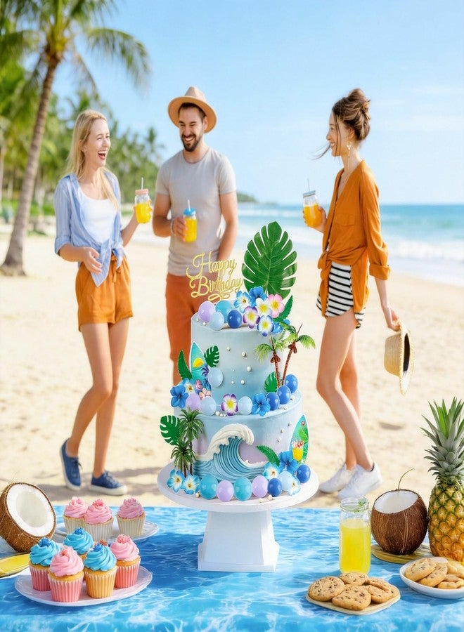 Zaycca 45Pcs Hawaiian Pink Blue Cake Topper – Tropical Birthday Decoration Set with Palm Tree Toppers, Surfboards, Flower Picks, and "Happy Birthday" Acrylic Sign – Perfect for Luau and Beach Party Cakes - Image 4