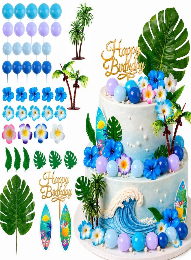Zaycca 45Pcs Hawaiian Pink Blue Cake Topper – Tropical Birthday Decoration Set with Palm Tree Toppers, Surfboards, Flower Picks, and "Happy Birthday" Acrylic Sign – Perfect for Luau and Beach Party Cakes - Image 1