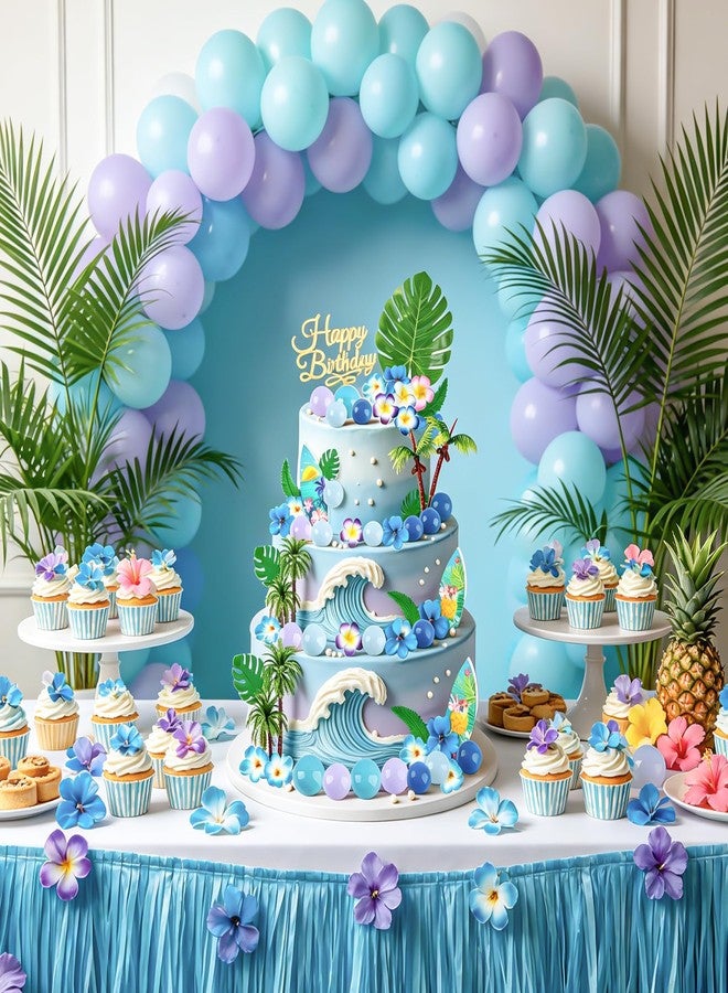 Zaycca 45Pcs Hawaiian Pink Blue Cake Topper – Tropical Birthday Decoration Set with Palm Tree Toppers, Surfboards, Flower Picks, and "Happy Birthday" Acrylic Sign – Perfect for Luau and Beach Party Cakes - Image 5