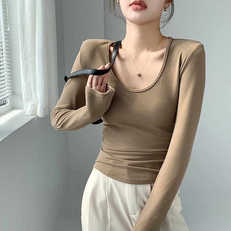 Coconut Fiber Large U-Neck Base Layer Autumn/Winter Brushed Inner T-Shirt Long Sleeve Waist-Controlled Slim Fit Wrinkle Cover Top