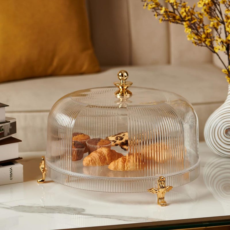 Soleter Luxury Acrylic Cake Serving Dish with Lid, Gold 30cm – Round Tray with Clear Ribbed Dome Cover, Ball Knob & Ornate Feet, Premium Home Decor for Desserts, Cakes, Weddings & Special Occasions