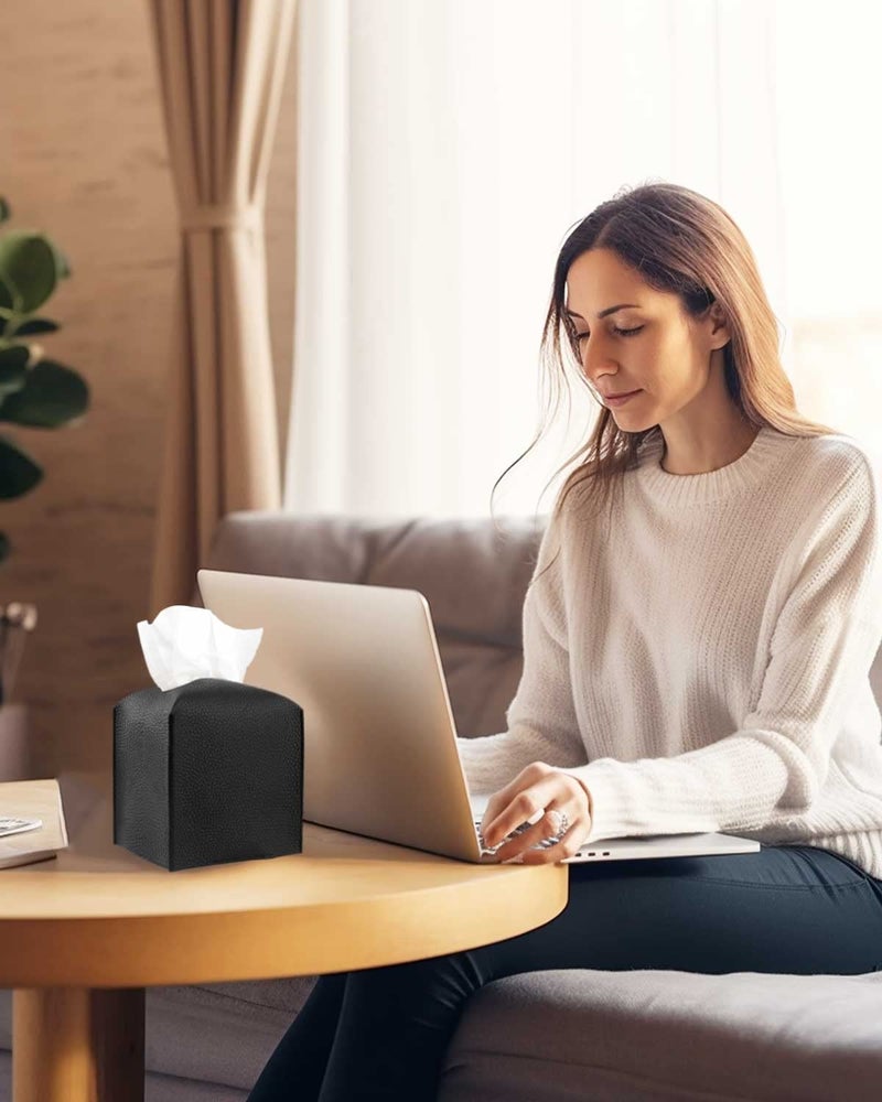 JESMINI Tissue Box Cover Square Leather – Tissue Box Holder with Bottom Belt [JESMINI, Navy Blue] Decorative Cube Tissue Holder for Bathroom - Image 2
