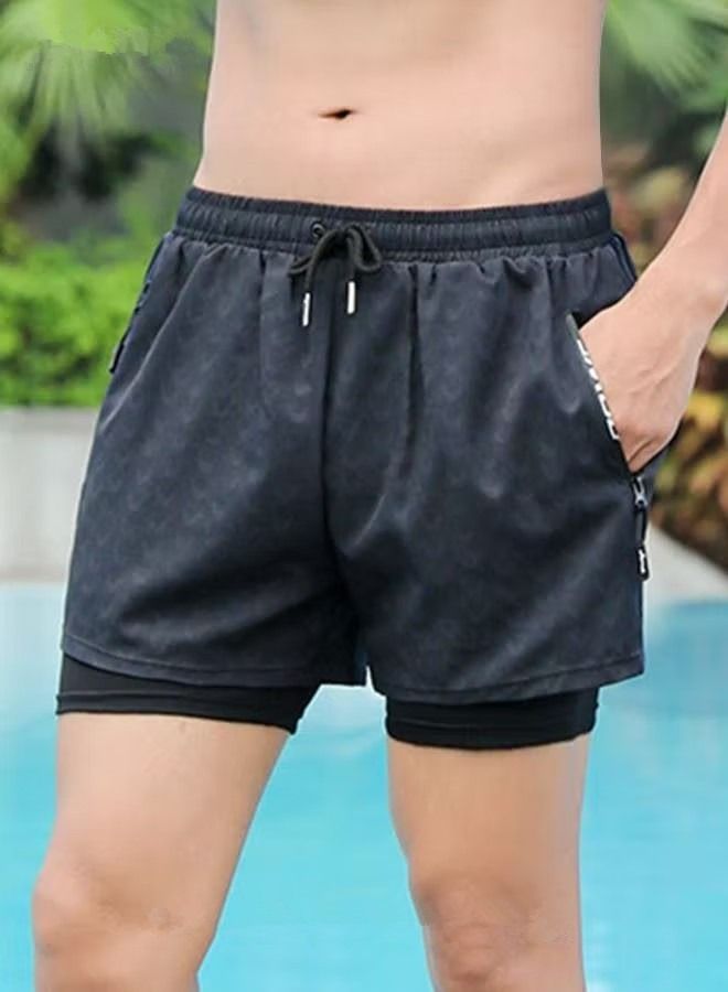 NIBEMINENT Men's Swimming Trunks Beachwear Quick Dry Gym Wear Beach Pants Fitness Shorts Workout Short Sports Running with Inner Compression Black  - Image 2