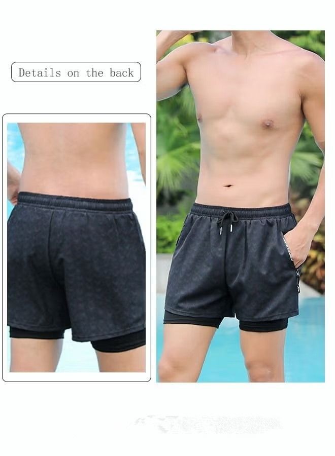 NIBEMINENT Men's Swimming Trunks Beachwear Quick Dry Gym Wear Beach Pants Fitness Shorts Workout Short Sports Running with Inner Compression Black  - Image 4
