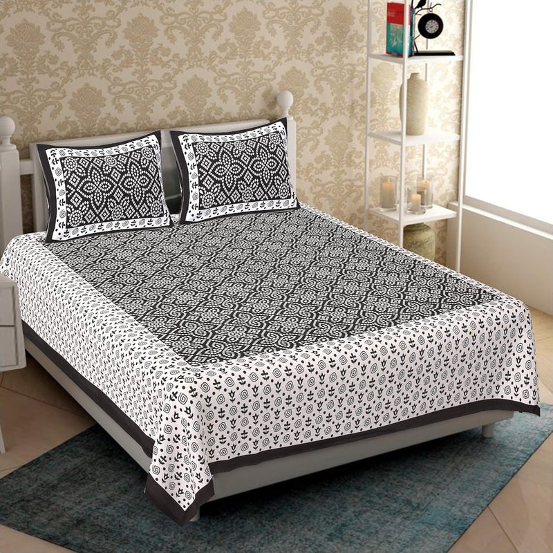 Monik Handicrafts 100 Cotton Rajasthani Jaipuri sanganeri Traditional King Size Double Bed Sheet with 2 Pillow Covers Black - Image 1