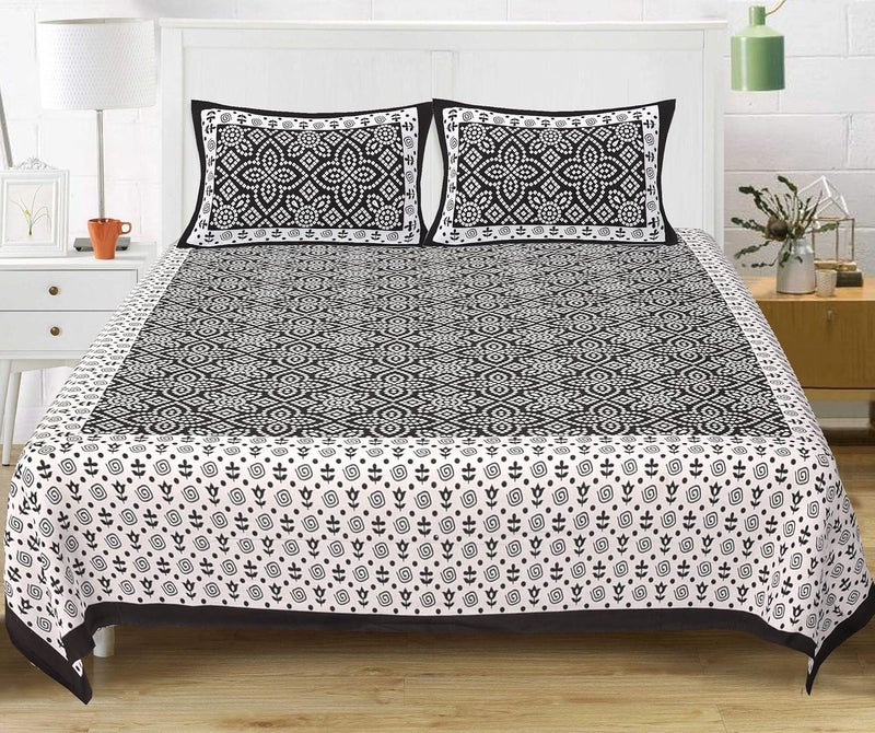 Monik Handicrafts 100 Cotton Rajasthani Jaipuri sanganeri Traditional King Size Double Bed Sheet with 2 Pillow Covers Black - Image 2