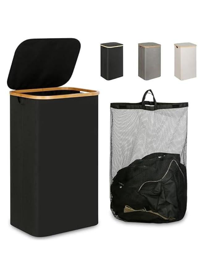 HOOKOR Laundry Basket with Lid, 110L Large Laundry Hamper with Handle and Lid, Collapsible Clothes Basket Organizer with Removable Inner Bag for Clothes Toys Towels (Black) - Image 1
