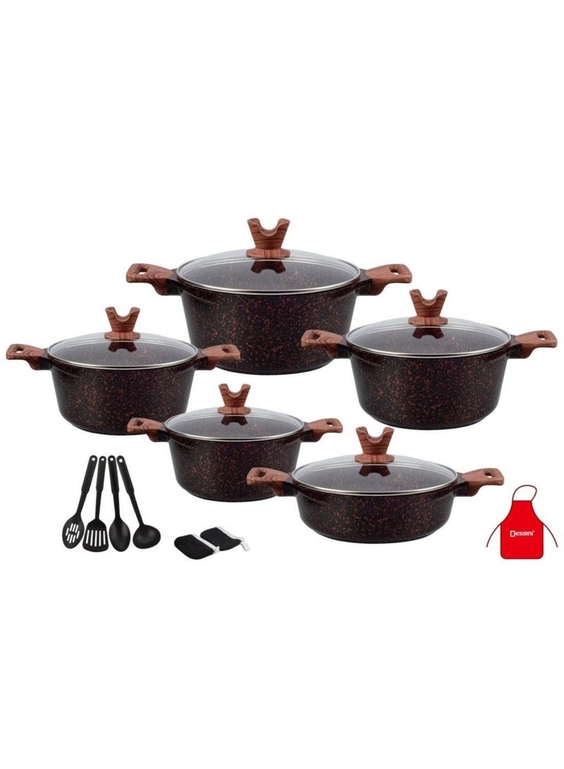 DESSINI 17-Pieces Granite Cookware Set Includes Casserole With Lid 24cm, Casserole With Lid 28cm, Casserole With Lid 32cm, Casserole With Lid 28cm, Shallow Casserole 7xCooking Tools
