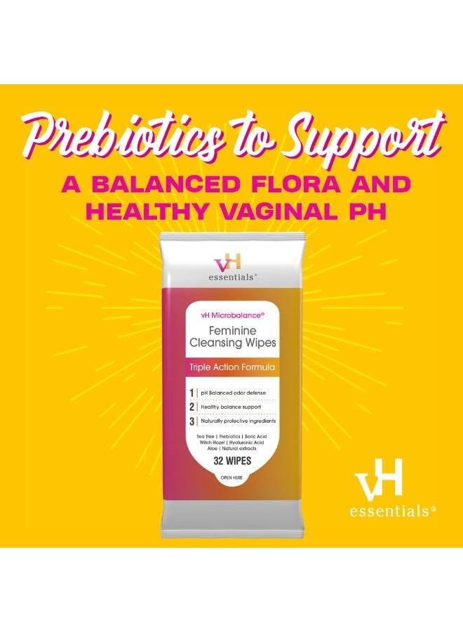 vH Essentials مناديل تنظيف نسائية vH Essentials 32 قطعة متوازنة الحموضة مع بروبيوتيك شجرة الشاي صبار مهدئ خلاصة بندق الساحرة تركيبة مضادة للرائحة للعناية المهبلية والشرجية خالية من البارابين والكحول والعطور - Image 4