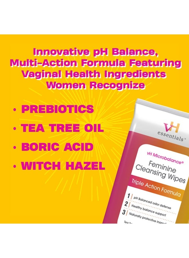 vH Essentials مناديل تنظيف نسائية vH Essentials 32 قطعة متوازنة الحموضة مع بروبيوتيك شجرة الشاي صبار مهدئ خلاصة بندق الساحرة تركيبة مضادة للرائحة للعناية المهبلية والشرجية خالية من البارابين والكحول والعطور - Image 3