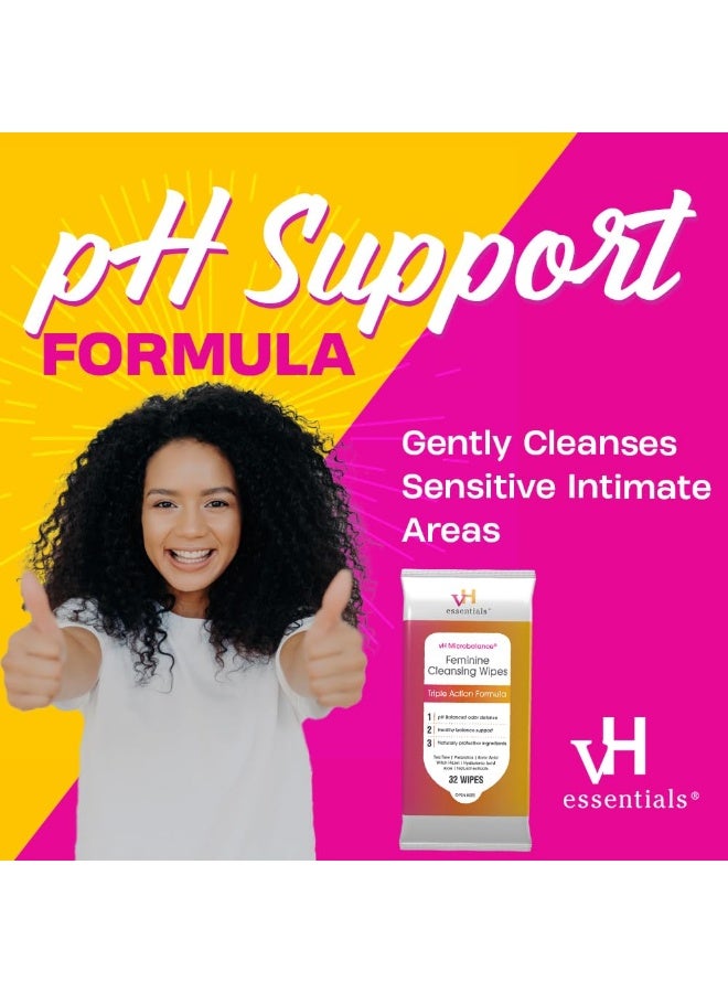 vH Essentials مناديل تنظيف نسائية vH Essentials 32 قطعة متوازنة الحموضة مع بروبيوتيك شجرة الشاي صبار مهدئ خلاصة بندق الساحرة تركيبة مضادة للرائحة للعناية المهبلية والشرجية خالية من البارابين والكحول والعطور - Image 5