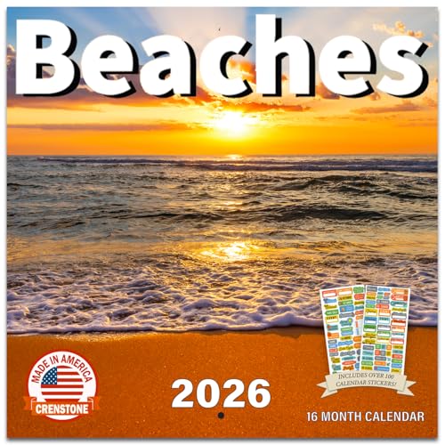 Crenstone Beach Calendar 2026 - Deluxe 2026 Tropical Beaches Calendar 2026 Bundle with 100 Reminder Stickers | Vacation Gifts, Office Supplies | Made In The USA - Image 1