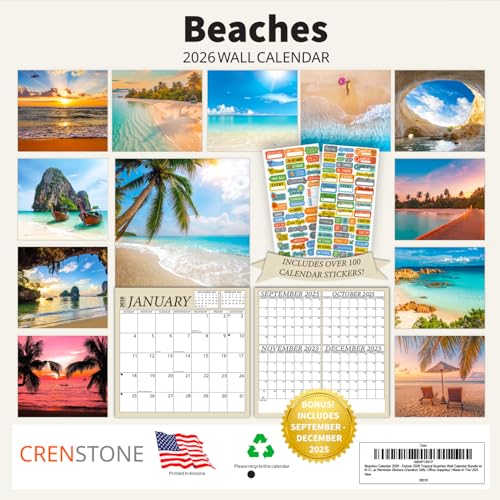 Crenstone Beach Calendar 2026 - Deluxe 2026 Tropical Beaches Calendar 2026 Bundle with 100 Reminder Stickers | Vacation Gifts, Office Supplies | Made In The USA - Image 2