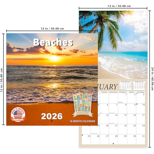 Crenstone Beach Calendar 2026 - Deluxe 2026 Tropical Beaches Calendar 2026 Bundle with 100 Reminder Stickers | Vacation Gifts, Office Supplies | Made In The USA - Image 5