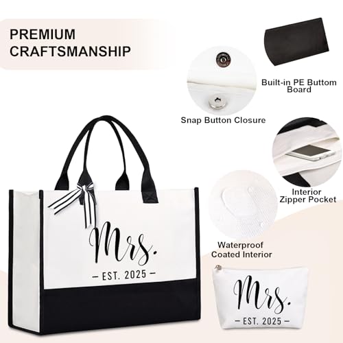 Lamyba Bride Tote Bag,Bridal Shower/Bachelorette Party/Wedding Day Gifts for Bride To Be,Mrs Bags with Makeup Bag,Interior Pocket,Black and White - Image 3