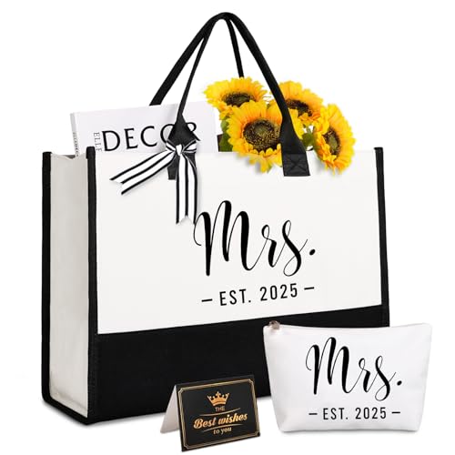 Lamyba Bride Tote Bag,Bridal Shower/Bachelorette Party/Wedding Day Gifts for Bride To Be,Mrs Bags with Makeup Bag,Interior Pocket,Black and White - Image 1