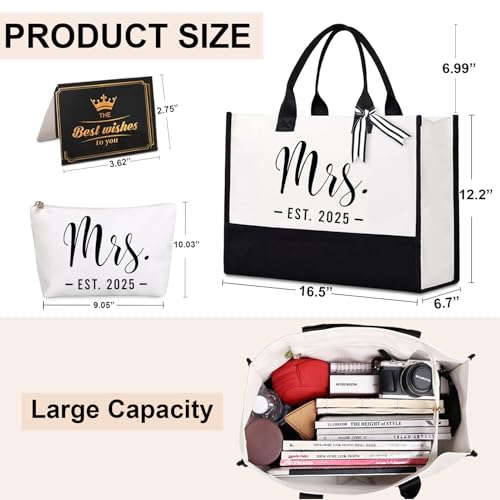 Lamyba Bride Tote Bag,Bridal Shower/Bachelorette Party/Wedding Day Gifts for Bride To Be,Mrs Bags with Makeup Bag,Interior Pocket,Black and White - Image 2