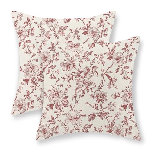 JEFERSO Burgundy Red Floral Pillow Covers 18x18 Set of 2 Chinoiserie Floral Decorative Throw Pillows Vintage Rustic Flower Toile Pillowcase Linen Outdoor Farmhouse Cushion Cover for Couch Sofa Decor - Image 1
