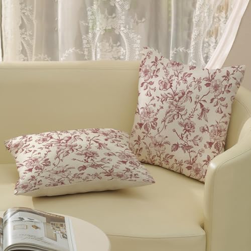 JEFERSO Burgundy Red Floral Pillow Covers 18x18 Set of 2 Chinoiserie Floral Decorative Throw Pillows Vintage Rustic Flower Toile Pillowcase Linen Outdoor Farmhouse Cushion Cover for Couch Sofa Decor - Image 4