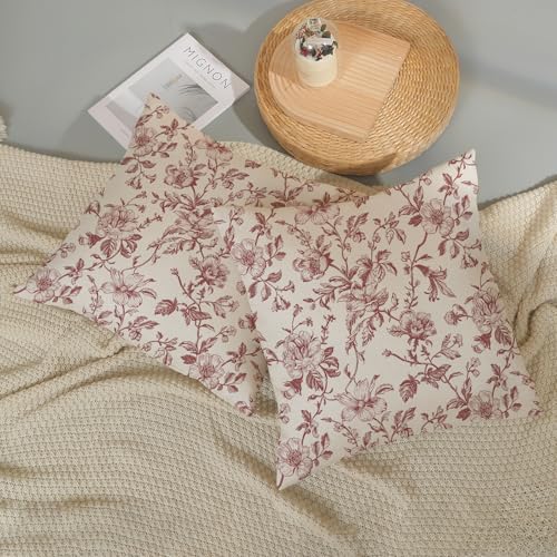 JEFERSO Burgundy Red Floral Pillow Covers 18x18 Set of 2 Chinoiserie Floral Decorative Throw Pillows Vintage Rustic Flower Toile Pillowcase Linen Outdoor Farmhouse Cushion Cover for Couch Sofa Decor - Image 5