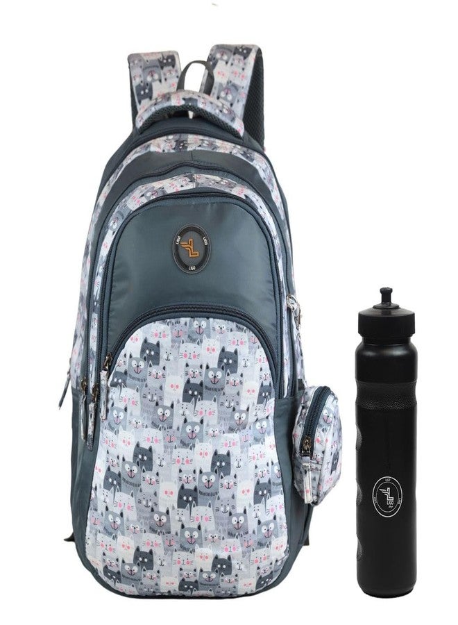 Ligo Catseye 19 Inch Kids Picnic Printed Bag with Free Sipper School Bags for Boys with Bottle Pocket and Front Organizer school bag for girls (Grey) - Image 1