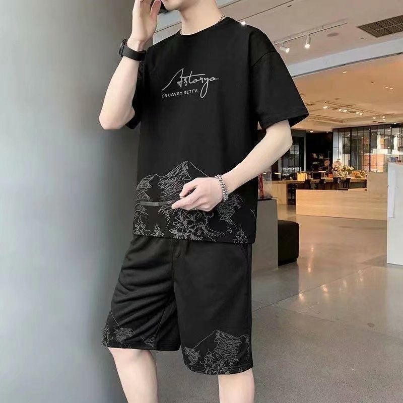 Casual Summer Sports Suit Lightweight Short Sleeve T-shirt Loose-fit Round Neck Printed Trendy Mens Wear Black suit [Top + shorts]] 
