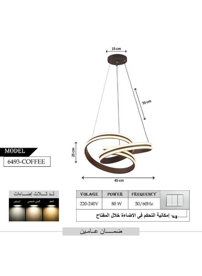 Best Power Modern LED Chandelier 6493 with 3 Lighting Levels, 80W, Adjustable Length (70 cm) – Stylish Ceiling Light for Living Room, Bedroom, and Dining Room - Image 3