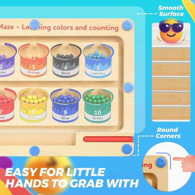 EDUTREE Montessori Wooden Magnetic Color and Counting Maze Toy for Kids Ages 3+, Includes Magnetic Stick, Acrylic Board, Colorful Beads and Sorting Jars - Educational Puzzle Game - Image 5