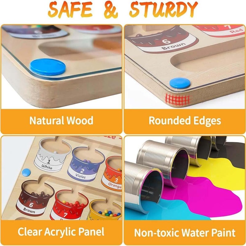 EDUTREE Montessori Wooden Magnetic Color and Counting Maze Toy for Kids Ages 3+, Includes Magnetic Stick, Acrylic Board, Colorful Beads and Sorting Jars - Educational Puzzle Game - Image 2