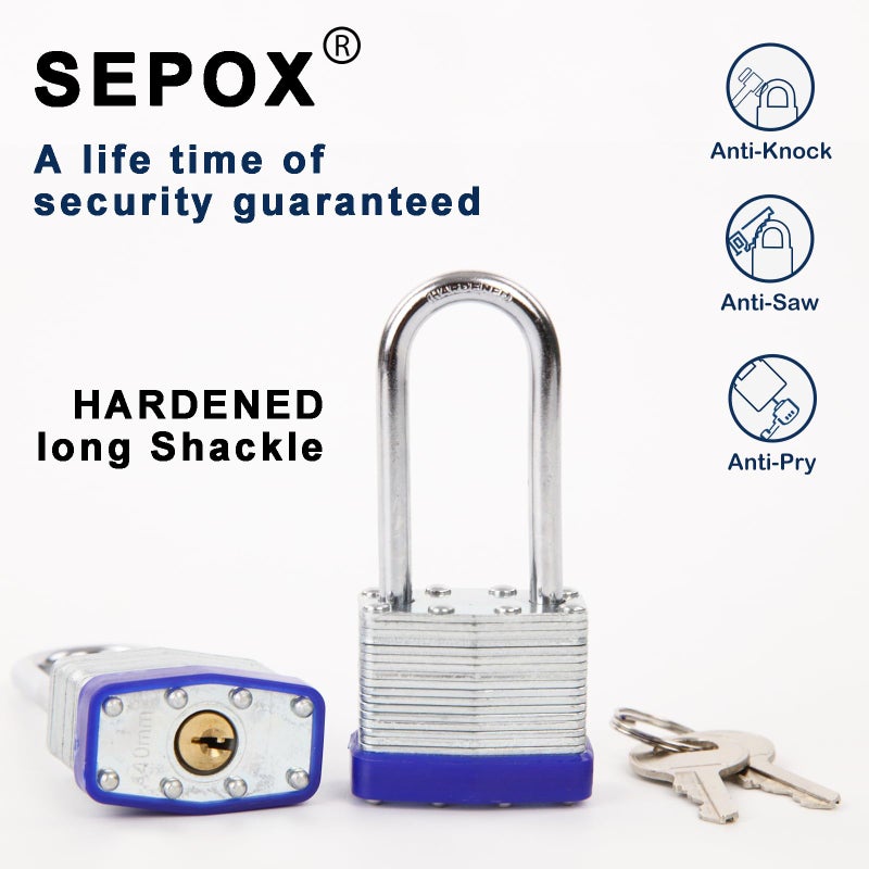 SEPOXÂ® 6 Pcs Pack Keyed-Alike Padlock with Same Key 2Pcs Each Set, Extra Long Shackle, 1-9/16" 40MM Heavy-Duty Laminated Steel Body Rust-Proof, for Outdoor & Indoor Locker,Fence,Gate, Tool-Box, Chain - Image 2