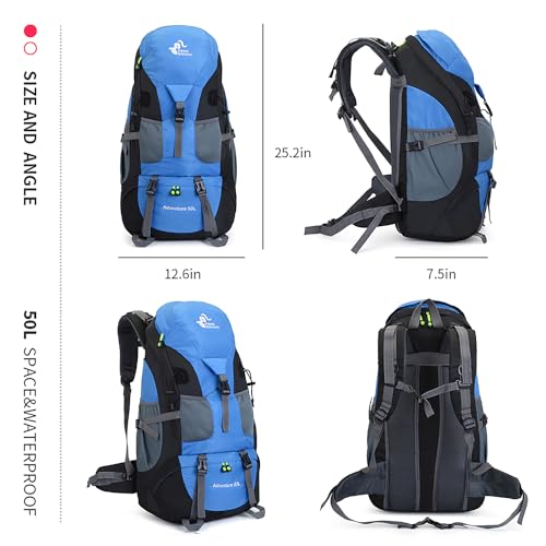 Bseash 50L Hiking Backpack, Water Resistant Lightweight Outdoor Sport Daypack Travel Bag for Camping Climbing Skiing Cycling (Light Blue - No Shoe Compartment) - Image 2