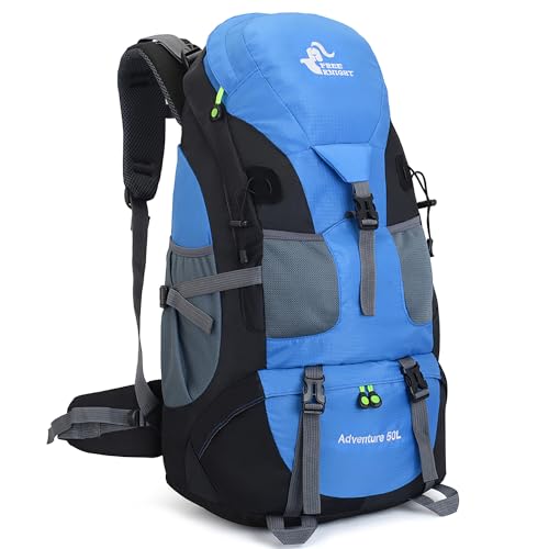 Bseash 50L Hiking Backpack, Water Resistant Lightweight Outdoor Sport Daypack Travel Bag for Camping Climbing Skiing Cycling (Light Blue - No Shoe Compartment) - Image 1
