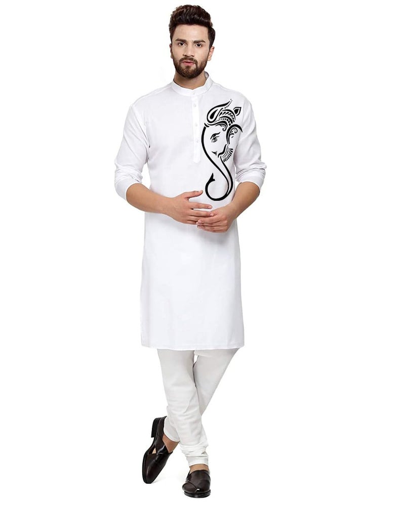 ashtang Cotton Blend Digital Print Kurta Pyjama Set || Ganesha Print (in, Alpha, L, Regular, White) - Image 1