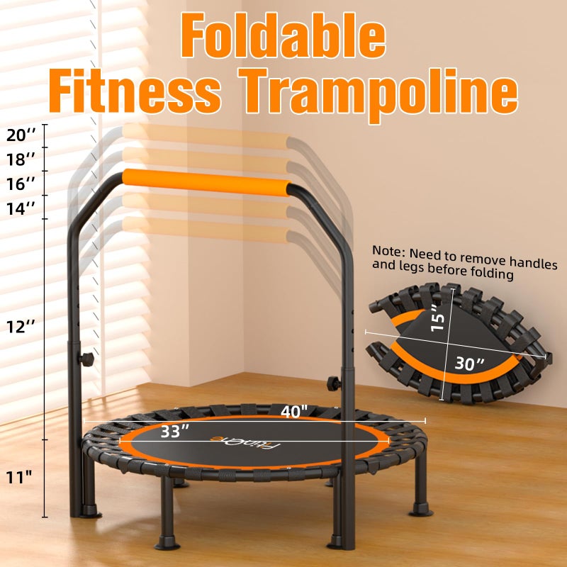 FitinOne 40"/48" Foldable Mini Trampoline Load 330lbs,Portable Exercise Rebounder Trampoline with Adjustable Foam Handle,Fitness Trampoline for Adults (40 in with handrail) - Image 5