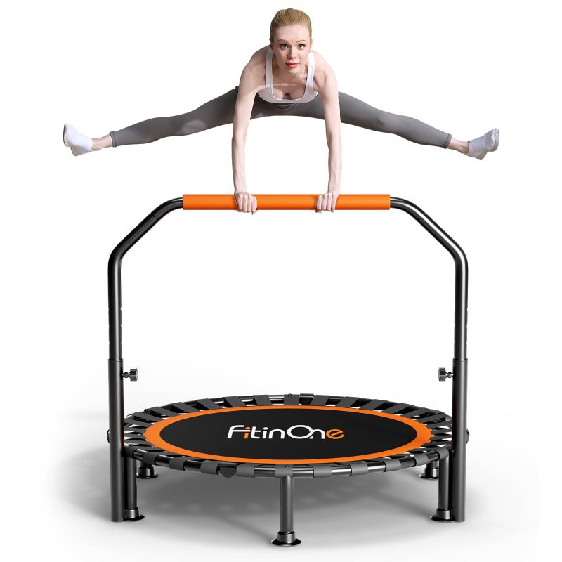FitinOne 40"/48" Foldable Mini Trampoline Load 330lbs,Portable Exercise Rebounder Trampoline with Adjustable Foam Handle,Fitness Trampoline for Adults (40 in with handrail) - Image 1