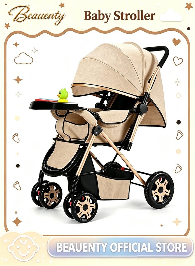 Beauenty Promotion, Convertible Baby Stroller,Folding Reversible Baby Bassinet With Adjustable Handle - Khaki - Image 1