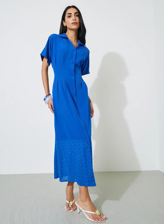 ستايلي Dark Blue Solid Schiffli Hem Short Sleeves Shirt Maxi Dress