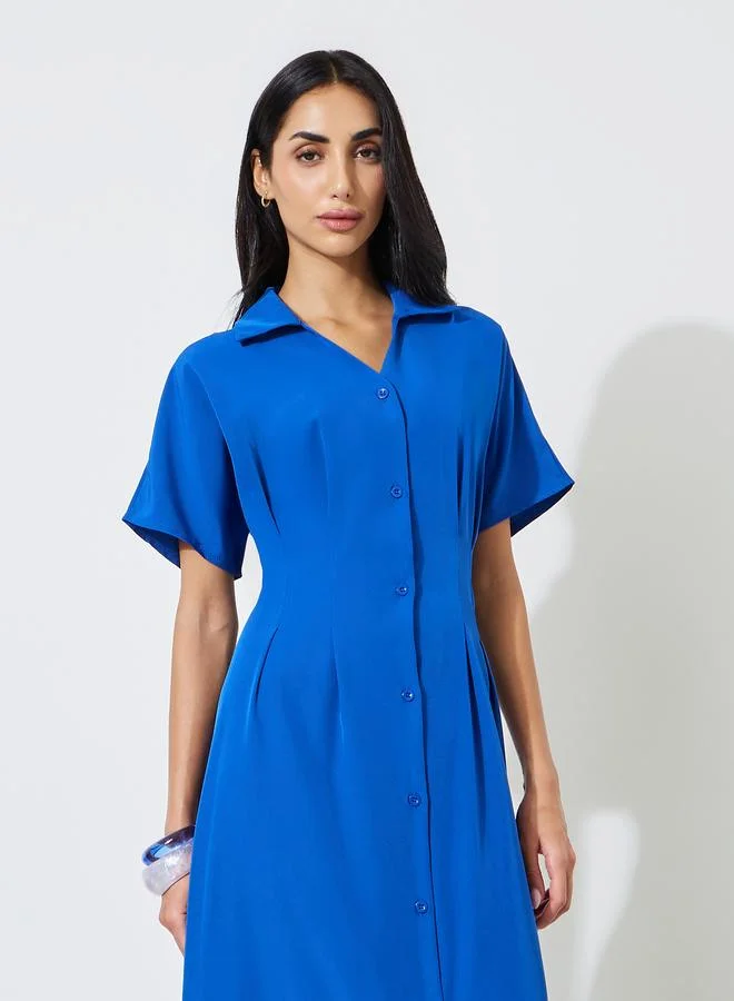 ستايلي Dark Blue Solid Schiffli Hem Short Sleeves Shirt Maxi Dress
