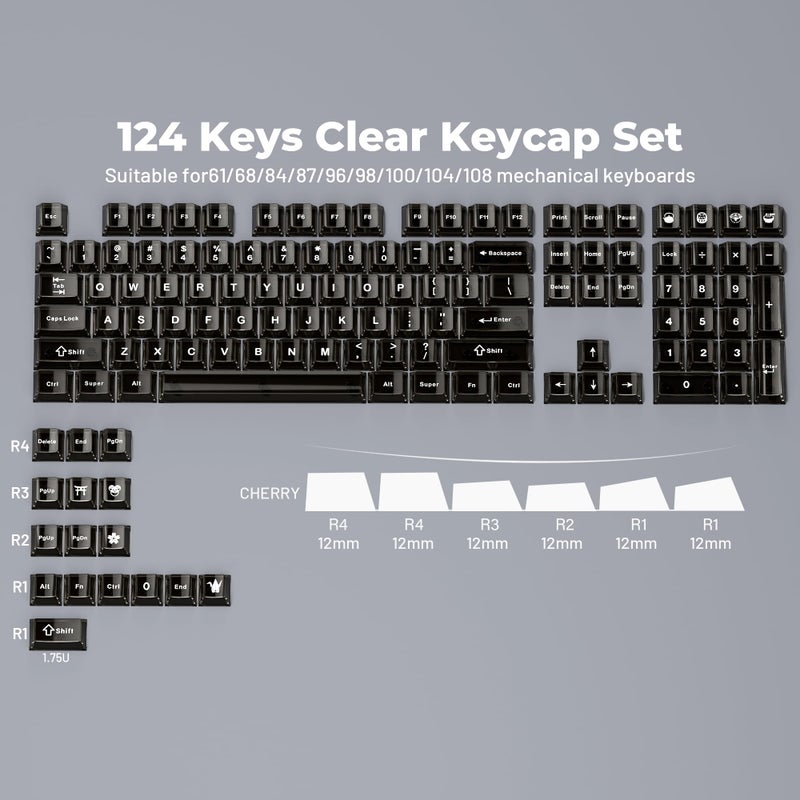 HITIME XVX Clear keycaps, Black Transparent Keycaps 60 65 75 100 Percent, Crystal Ceramic Custom Key Cap Set 124 Keys, Cherry Profile, Shine Through, Cute Style for Mechanical Keyboards - Image 3